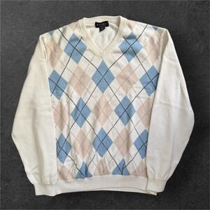 Brooks Brothers Argyle V Neck Sweater Mens XXL Supima Cotton‎ Blue Pink Cream